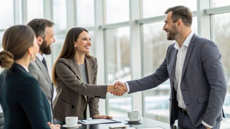 Business professionals in modern office, two shaking hands while colleagues observe and smile