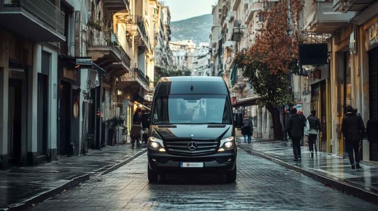Black Mercedes minibus drives on wet street in Athens with mid-rise buildings and pedestrians