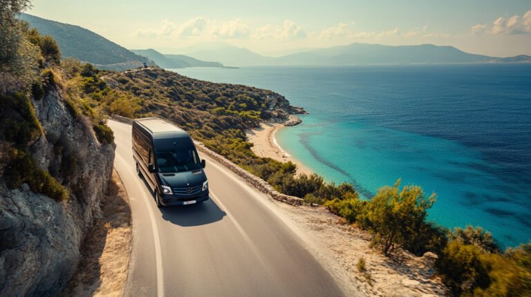 Black Mercedes minibus drives on coastal road with turquoise sea, cliffs, and green hills