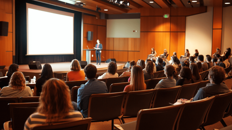 Speaker on stage in modern hall with wood paneling, large screen, and focused audience