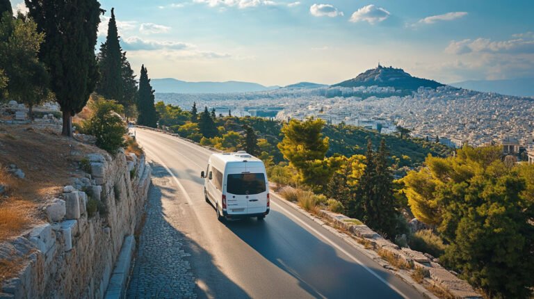 White Sprinter minibus drives on hilltop road with panoramic view of Athens and Mount Lycabettus