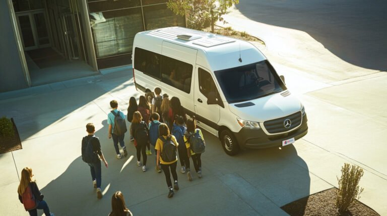 Schoolchildren with backpacks walking to a white Mercedes minibus outside a modern building