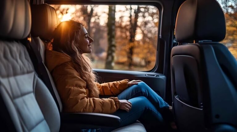 Woman in yellow jacket enjoys sunset view from Mercedes minibus with autumn trees outside
